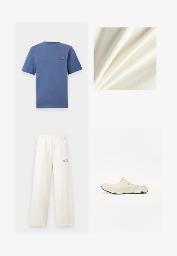 Tecido de lã branca com uma textura suave e peluda, apresentando fibras lisas e ligeiramente elevadas, dispostas em dobras suaves.; T-shirt de algodão azul com mangas curtas, apresentando um pequeno logótipo vermelho e amarelo no peito. Gola redonda simples com bainha reta.; Calças largas de cor creme feitas de material suave, com uma cintura elástica. Apresenta texto bordado em verde discreto na frente.; Sapatilha slip-on em malha creme com sola branca espessa e sola exterior texturada preta. Apresenta uma alça no calcanhar para facilitar o calçar.