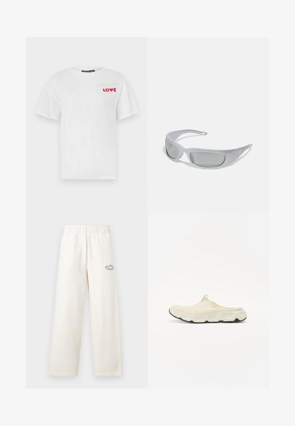 Balts vilnas audums ar mīkstu, pūkainu tekstūru, rādot gludas un nedaudz izvirzītas šķiedras, sakārtotas maigos salocījumos.; Balts kokvilnas T-krekls īsām piedurknēm, ar sarkanu "LOVE" tekstu uzdrukātu kreisajā krūšu daļā. Klasiska apaļa kakla izgriezuma forma.; Kremkrāsas plaši bikses, izgatavotas no mīksta materiāla ar elastīgu jostu. Priekšpusē ir smalks zaļš izšuvums.; Krēmīgas krāsas acs slaidu kurpes ar biezām baltām zolēm un melnu strukturētu ārējo zoli. Īpašības ietver vilkšanas cilpu uz papēža, kas nodrošina ērtu uzvilkšanu.; Saulesbrilles ar elegantu, pelēku plastmasas rāmi, izliekta dizaina un pelēkām tonētu lēcām. Rāmī ir logo akcentēšana uz vienas puses.