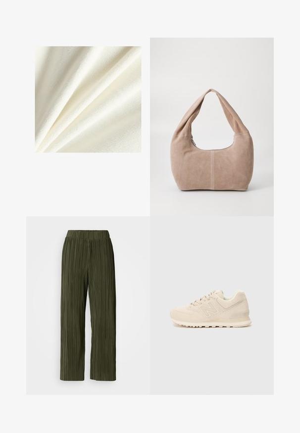 Baltos fliso medžiagos su minkšta, pūsta tekstūra, rodanti lygias ir šiek tiek pakeltas skaidulas, išdėstytas švelniuose raukšlėse.; Alyvuogių žaliai klostuotos kelnės su plačiu kojų dizainu, su elastingu juosmeniu ir vertikalia tekstūra per visą audinį.; Bežiniai New Balance sportbačiai su zomšos ir tinklelio viršumi, raištelių uždarymu, paminkštintu kraštu ir tekstūruota guma ant baltos fono.; Hobo krepšys, pagamintas iš minkštos, zomšo medžiagos šviesiai bežinių spalvos. Jame yra apvalus siluetas, plati dirželis ir užtrauktukas.