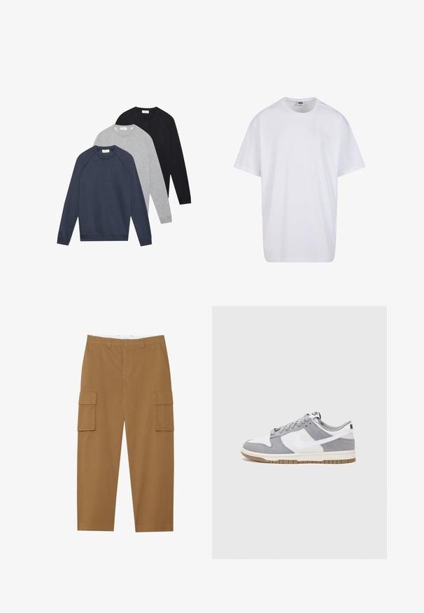 Tričko s dlhým rukávom typu crewneck v námorníckej modrej, svetlo šedé a čierne, navrstvené a uložené na bielom pozadí.; Biela bavlnená tričko s krátkymi rukávmi, okrúhlym výstrihom, uvoľneným strihom a žiadnymi viditeľnými logami alebo vzormi. Hladká textúra a minimálny dizajn.; Hnedé cargo nohavice s dvoma bočnými vreckami, rovný strih a hladký predný diel. Vyrobené z odolnej látky s jemnou textúrou.; Sivé a biele tenisky s vrchom z semišu a kože, zaoblenou špičkou, plochými šnúrkami a gumovou podrážkou s akcentom vo farbe gumy.