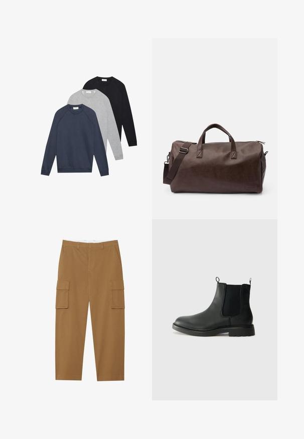 Tre felpe a maniche lunghe con collo girocollo, nei colori blu navy, grigio chiaro e nero, sovrapposte e adagiate su uno sfondo bianco.; Pantaloni cargo marroni con due tasche laterali, fronte piatto e taglio dritto. Realizzati in un tessuto durevole con una texture liscia.; Stivali Chelsea in pelle nera con pannelli laterali elasticizzati, linguette, punta arrotondata e suola in gomma testurizzata. Superficie liscia e design robusto.; Borsa da viaggio in pelle sintetica marrone con manici doppi e una tracolla regolabile. Caratterizzata da una chiusura con zip e un design a base rettangolare.