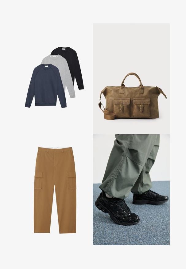 Três sweatshirts de manga longa com gola redonda nas cores azul-marinho, cinza-claro e preto, sobrepostas e dispostas numa superfície branca.; Calças cargo castanhas com dois bolsos laterais, frente plana e corte reto. Feitas de um tecido durável com uma textura suave.; Sapatilhas desportivas pretas com texturas brilhantes e de malha, apresentando uma sola grossa e atacadores, combinadas com calças cargo largas de cor verde-oliva.; Mala de viagem em couro castanho com dois bolsos frontais, alça de ombro ajustável, acessórios dourados e alças superiores robustas. Textura suave.