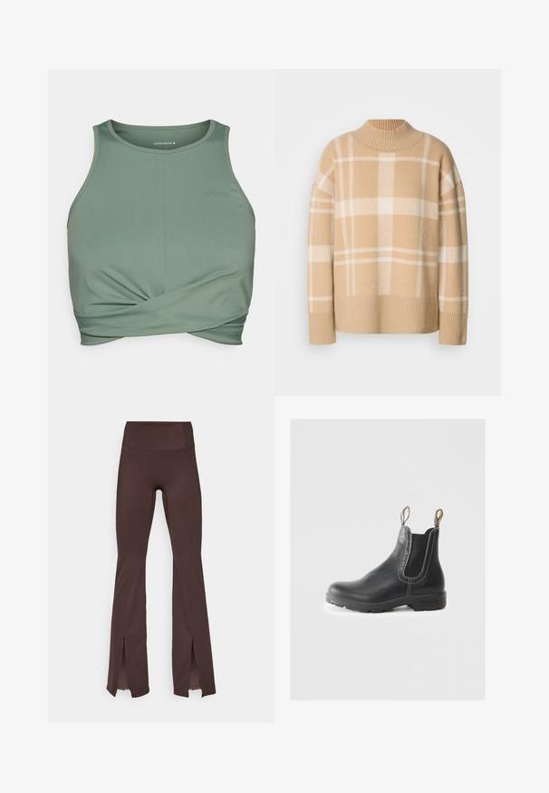 Beige pulóver fehér kockás mintával, bordás kerek nyakkivágással és mandzsettával. Puha tapintású, esett vállakkal és laza fazonnal.; Zöld sportmelltartó sima, rugalmas anyagból. Csavaros elülső dizájnnal rendelkezik, és a "BORG" márkanevet diszkréten, azonos színben nyomtatták rá.; Barna, lágy anyagú, bővülő leggings magas derekkal és oldalsó hasítékokkal az alján. Laposszélű varratokkal rendelkezik a sima illeszkedés érdekében.; Fekete bőr Chelsea csizma elasztikus oldalpanellel, textúrázott kivitelben, húzófülekkel és tartós gumitalppal. Kontraszt varrás részletek jellemzik.