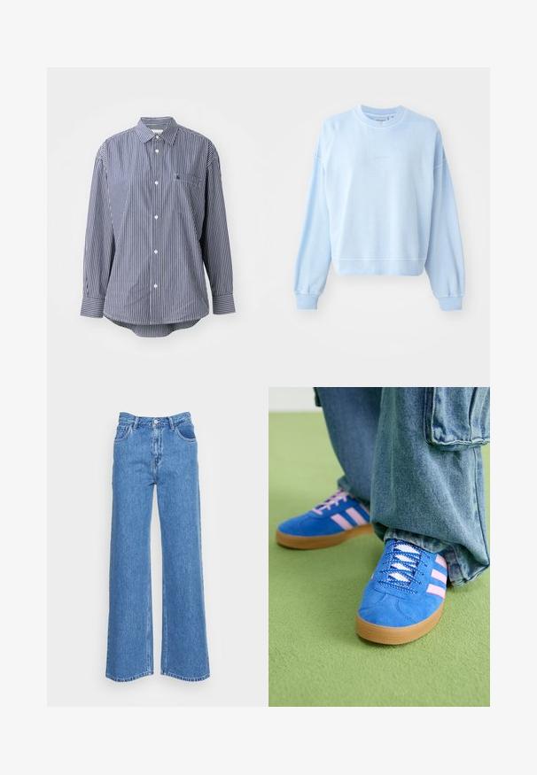 Šviesiai mėlynas džemperis pagamintas iš minkštos medvilnės medžiagos. Savybės: apvalus kaklas, nuleistos petnešos, ir banguoti rankogaliai bei apdaila, su subtiliu ženklinimu.; Karo juodai baltas ilgomis rankovėmis marškiniai su klasikine apykakle, priekinė kišenė ir mygtukų uždarymas. Minkšta medžiaga su lygiu paviršiumi.; Mėlyni plačių pagrindų džinsai su aukštu liemeniu, turintys dvi priekinės kišenes ir mygtuko uždarymą. Audinys turi šiek tiek tekstūruotą paviršių.; Mėlyni zomšiniai bateliai su rožinėmis juostelėmis ir baltais raišteliais, turintys guminį padą, derinami su laisvais džinsiniais kelnais ant žalios paviršiaus.