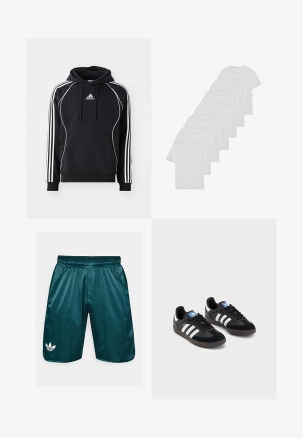 Černá mikina Adidas s bílými pruhy na rukávech, bílým lemem na přední části, přední kapsou typu kangaroo a kapucí se šňůrkami.; Bílé bavlněné trička s krátkým rukávem, design s kulatým výstřihem, jednobarevná textura, naskládána do řady, s jemným brandingem na výstřihu.; Teal saténové šortky s elastickým pasem, bočními kapsami a bílým logem Adidas trefoil na levé nohavici. Hladká textura, design do délky kolen.; Černé tenisky s vrškem z semiše a syntetického materiálu, s třemi bílými pruhy, texturovanou gumovou podrážkou a modrou nášivkou loga na jazyku.