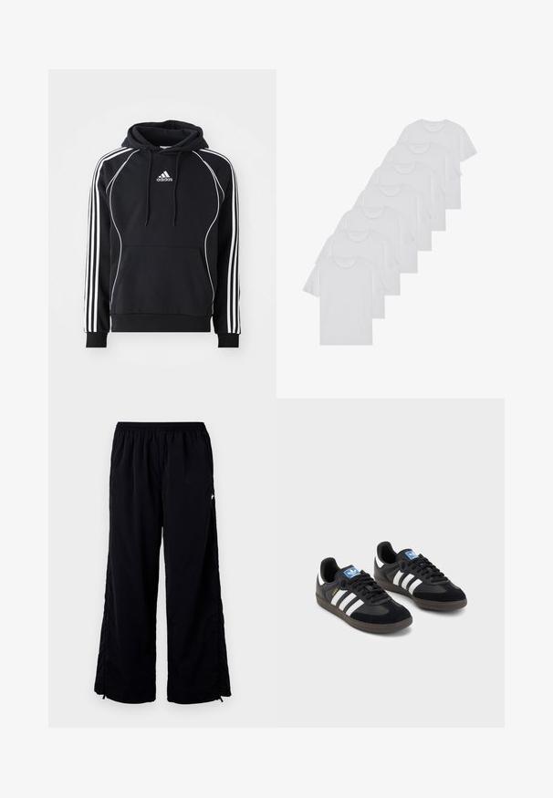 Cachecol preto da Adidas com riscas brancas nas mangas, um acabamento branco na frente, um bolso canguru frontal e capuz com cordão.; T-shirts brancos de algodão, mangas curtas, design de gola redonda, com textura lisa, empilhados em fila, com uma marcação subtil na gola.; Calças atléticas pretas com um corte solto, feitas de material leve. Apresenta um cós elástico e aberturas laterais com fecho. ; Sneakers pretos com parte superior em camurça e sintético, apresentando três riscas brancas, sola de borracha texturizada e etiqueta azul no linguete.