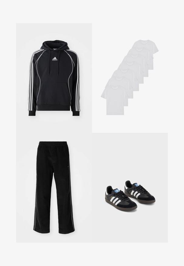 Cachecol preto da Adidas com riscas brancas nas mangas, um acabamento branco na frente, um bolso canguru frontal e capuz com cordão.; T-shirts brancos de algodão, mangas curtas, design de gola redonda, com textura lisa, empilhados em fila, com uma marcação subtil na gola.; Calças de cotone preto com um corte descontraído, apresentando um cós elástico e riscas laterais. Textura suave com detalhe de nervuras verticais.; Sneakers pretos com parte superior em camurça e sintético, apresentando três riscas brancas, sola de borracha texturizada e etiqueta azul no linguete.