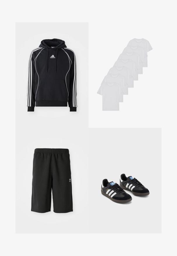 Cachecol preto da Adidas com riscas brancas nas mangas, um acabamento branco na frente, um bolso canguru frontal e capuz com cordão.; T-shirts brancos de algodão, mangas curtas, design de gola redonda, com textura lisa, empilhados em fila, com uma marcação subtil na gola.; Calções pretos em algodão com uma cintura elástica, costuras laterais e um pequeno logótipo branco na perna esquerda. Textura suave, design até ao joelho.; Sneakers pretos com parte superior em camurça e sintético, apresentando três riscas brancas, sola de borracha texturizada e etiqueta azul no linguete.