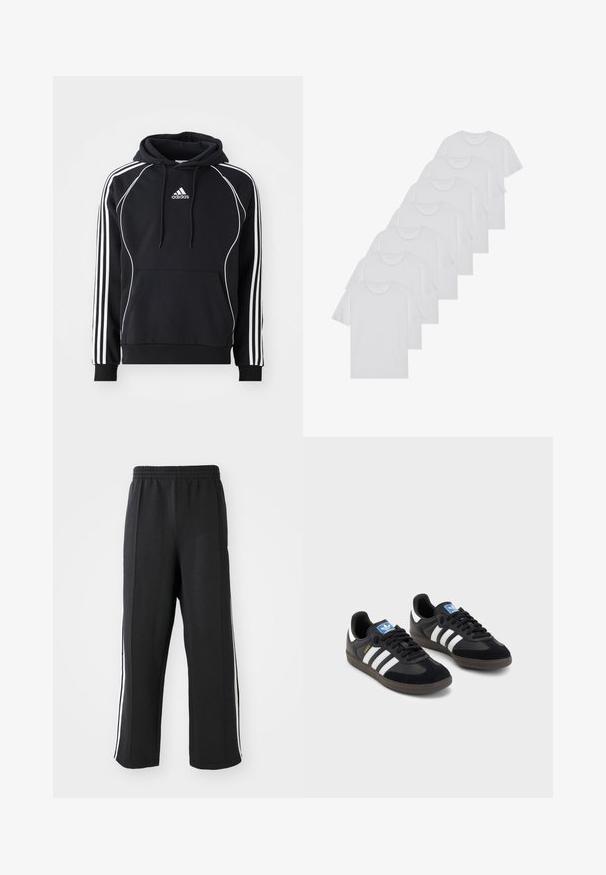 Cachecol preto da Adidas com riscas brancas nas mangas, um acabamento branco na frente, um bolso canguru frontal e capuz com cordão.; T-shirts brancos de algodão, mangas curtas, design de gola redonda, com textura lisa, empilhados em fila, com uma marcação subtil na gola.; Calças de moletom pretas com um cós elástico, apresentando riscas laterais brancas e um corte descontraído. Feitas de um tecido macio e elástico.; Sneakers pretos com parte superior em camurça e sintético, apresentando três riscas brancas, sola de borracha texturizada e etiqueta azul no linguete.