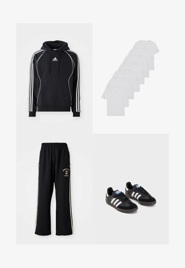 Cachecol preto da Adidas com riscas brancas nas mangas, um acabamento branco na frente, um bolso canguru frontal e capuz com cordão.; T-shirts brancos de algodão, mangas curtas, design de gola redonda, com textura lisa, empilhados em fila, com uma marcação subtil na gola.; Calças de desporto pretas com riscas laterais brancas e detalhes do logótipo. Feitas de um tecido suave com um cós elástico para maior conforto.; Sneakers pretos com parte superior em camurça e sintético, apresentando três riscas brancas, sola de borracha texturizada e etiqueta azul no linguete.