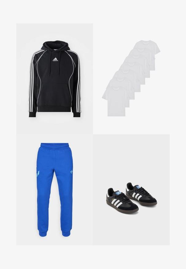 Cachecol preto da Adidas com riscas brancas nas mangas, um acabamento branco na frente, um bolso canguru frontal e capuz com cordão.; T-shirts brancos de algodão, mangas curtas, design de gola redonda, com textura lisa, empilhados em fila, com uma marcação subtil na gola.; Calças de sweatpants azuis feitas de um tecido suave, apresentando um design afunilado, cós elástico e bolsos. Destacam-se os pormenores verdes e o detalhe do logo.; Sneakers pretos com parte superior em camurça e sintético, apresentando três riscas brancas, sola de borracha texturizada e etiqueta azul no linguete.