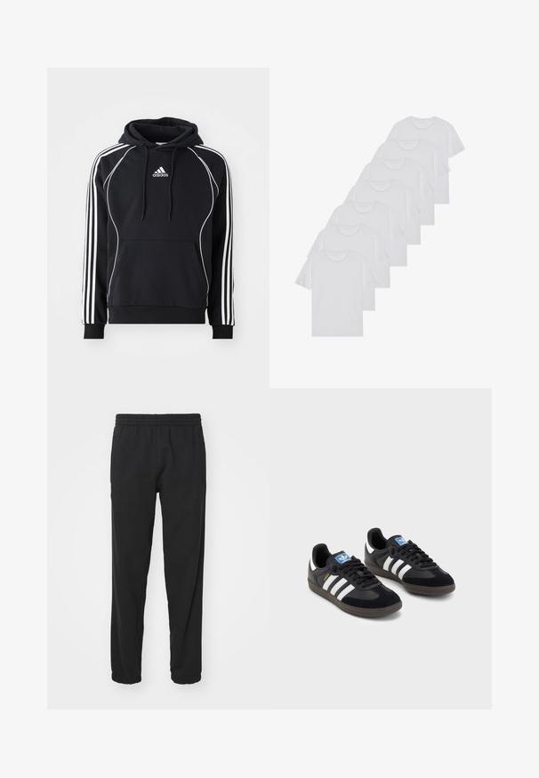 Cachecol preto da Adidas com riscas brancas nas mangas, um acabamento branco na frente, um bolso canguru frontal e capuz com cordão.; T-shirts brancos de algodão, mangas curtas, design de gola redonda, com textura lisa, empilhados em fila, com uma marcação subtil na gola.; Calças de jogging leves e pretas com um cós elástico, pernas ajustadas, punhos franzidos e bolsos laterais para maior funcionalidade.; Sneakers pretos com parte superior em camurça e sintético, apresentando três riscas brancas, sola de borracha texturizada e etiqueta azul no linguete.
