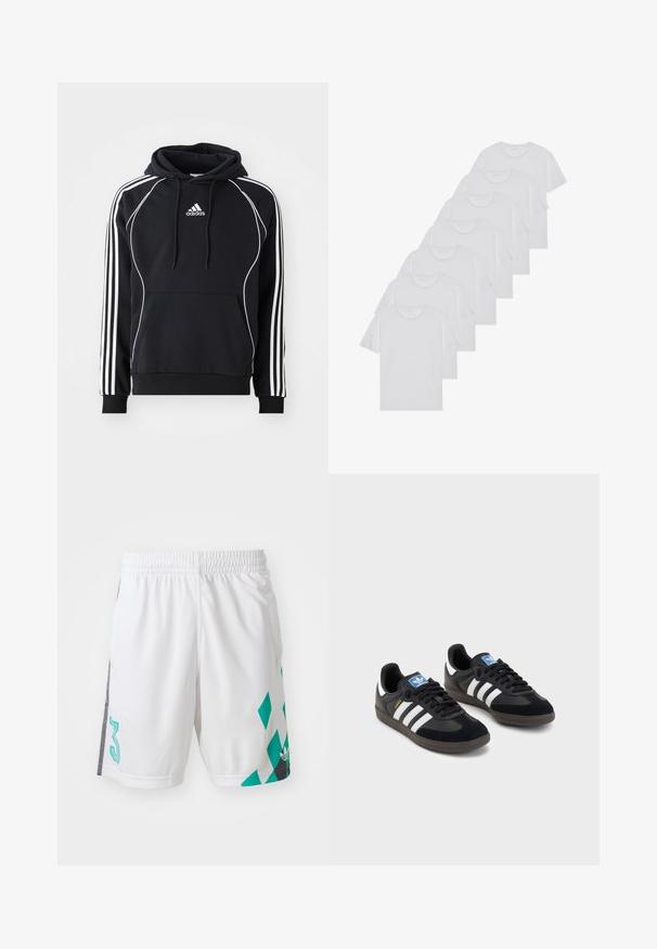 Črna Adidas kapuca z belimi črtami na rokavih, belim pasom spredaj, sprednjim žepom v obliki kenguruja in kapuco z vrvico.; Beli bombažni T-majici, kratki rokavi, krožni izrez, enostavna tekstura, zloženi v vrsto, s subtilnim logotipom na vratu.; Beli športni šort s elastiko v pasu, ki prikazuje teal geometrijski vzorec in črne detajle ob straneh. Vključuje veliko številko "3".; Črne športne copate z zgornjim delom iz semiša in sintetičnih materialov, ki imajo tri bele črte, teksturiran gumijast podplat in modro označevalno oznako na jeziku.