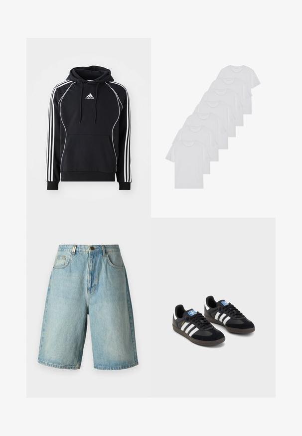 Svart Adidas hettegenser med hvite striper på ermene, hvit piping foran, frontlomme, og snøring i hetten.; Hvite bomulls T-skjorter, korte ermer, rund hals-design, enkel tekstur, stablet i en rekke, med subtil merking ved halsen.; Lyseblå jeansshorts med en avslappet passform, som har frontlommer, en knappelukking og en bleket vask med subtile slitasjedetaljer.; Svarte sneakers med overdel i semsket lær og syntetisk materiale, med tre hvite striper, strukturert gummisåle og blå logoetikett på tungen.