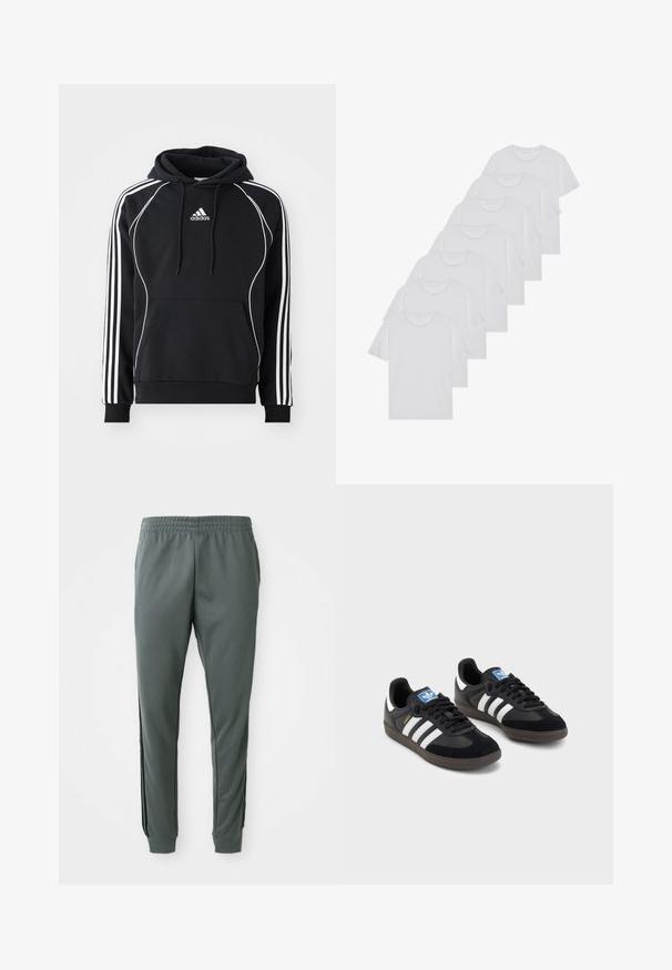 Černá mikina Adidas s bílými pruhy na rukávech, bílým lemem na přední části, přední kapsou typu kangaroo a kapucí se šňůrkami.; Bílé bavlněné trička s krátkým rukávem, design s kulatým výstřihem, jednobarevná textura, naskládána do řady, s jemným brandingem na výstřihu.; Šedé joggingové kalhoty s elastickým pasem, zúženými nohavicemi a černými postranními pruhy, vyrobené z hladké, elastické látky.; Černé tenisky s vrškem z semiše a syntetického materiálu, s třemi bílými pruhy, texturovanou gumovou podrážkou a modrou nášivkou loga na jazyku.