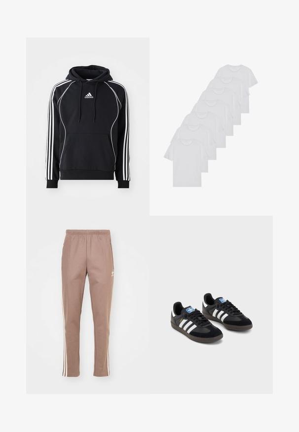 Cachecol preto da Adidas com riscas brancas nas mangas, um acabamento branco na frente, um bolso canguru frontal e capuz com cordão.; T-shirts brancos de algodão, mangas curtas, design de gola redonda, com textura lisa, empilhados em fila, com uma marcação subtil na gola.; Calças de treino castanhas com cintura elástica; apresentam duas riscas brancas nas laterais e um logótipo na coxa esquerda; tecido suave e design de perna ajustada.; Sneakers pretos com parte superior em camurça e sintético, apresentando três riscas brancas, sola de borracha texturizada e etiqueta azul no linguete.