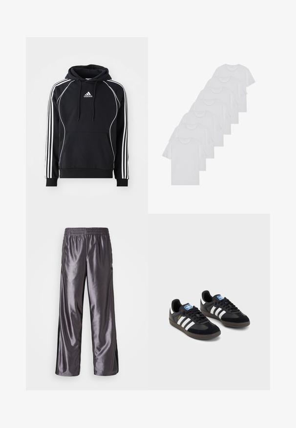 Haut à capuche noir Adidas avec des rayures blanches sur les manches, un passepoil blanc sur le devant, une poche kangourou à l'avant et un cordon de serrage pour la capuche.; T-shirts en coton blanc, à manches courtes, design col rond, texture uniforme, empilés en rangée, avec un logo subtil au niveau de l'encolure.; Pantalons de sport gris brillants avec une coupe ample, une taille élastique et des accents noirs sur les côtés. La texture semble lisse et agréable.; Des baskets noires avec une tige en suède et en matériaux synthétiques, dotées de trois rayures blanches, d'une semelle en caoutchouc texturé et d'une étiquette de logo bleue sur la languette.