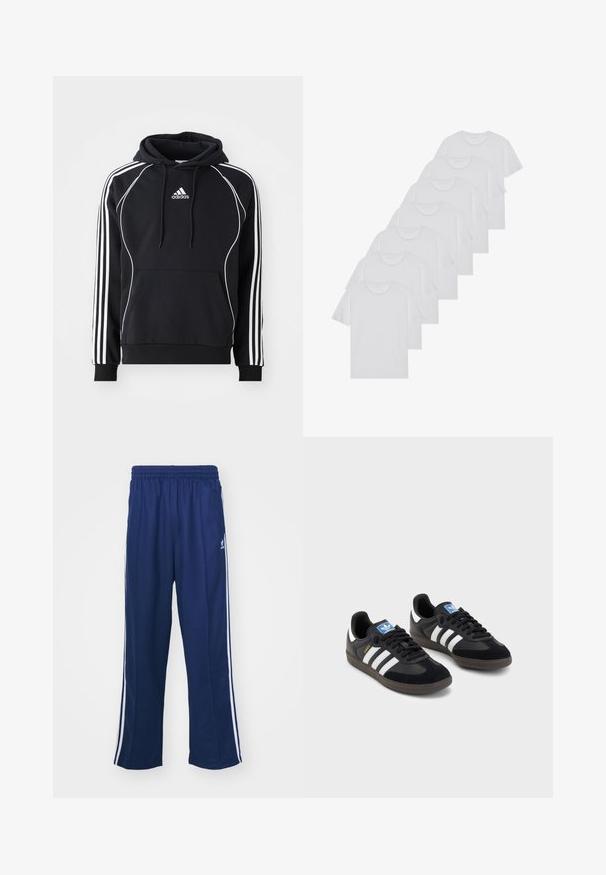 Cachecol preto da Adidas com riscas brancas nas mangas, um acabamento branco na frente, um bolso canguru frontal e capuz com cordão.; T-shirts brancos de algodão, mangas curtas, design de gola redonda, com textura lisa, empilhados em fila, com uma marcação subtil na gola.; Calças atléticas azul marinho com um corte descontraído, apresentando riscas laterais brancas e uma cintura elástica. Tecido suave, sem padrões ou acessórios visíveis.; Sneakers pretos com parte superior em camurça e sintético, apresentando três riscas brancas, sola de borracha texturizada e etiqueta azul no linguete.