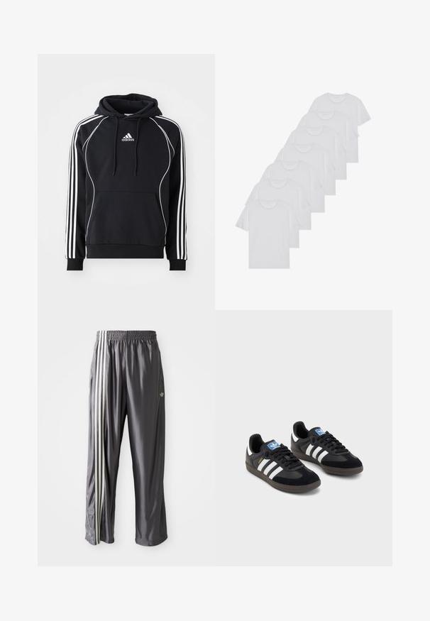 Črna Adidas kapuca z belimi črtami na rokavih, belim pasom spredaj, sprednjim žepom v obliki kenguruja in kapuco z vrvico.; Beli bombažni T-majici, kratki rokavi, krožni izrez, enostavna tekstura, zloženi v vrsto, s subtilnim logotipom na vratu.; Sive hlače za sledenje iz gladkega materiala, z značilnimi tremi belimi črtami ob straneh in izvezenim logotipom na sprednji strani.; Črne športne copate z zgornjim delom iz semiša in sintetičnih materialov, ki imajo tri bele črte, teksturiran gumijast podplat in modro označevalno oznako na jeziku.