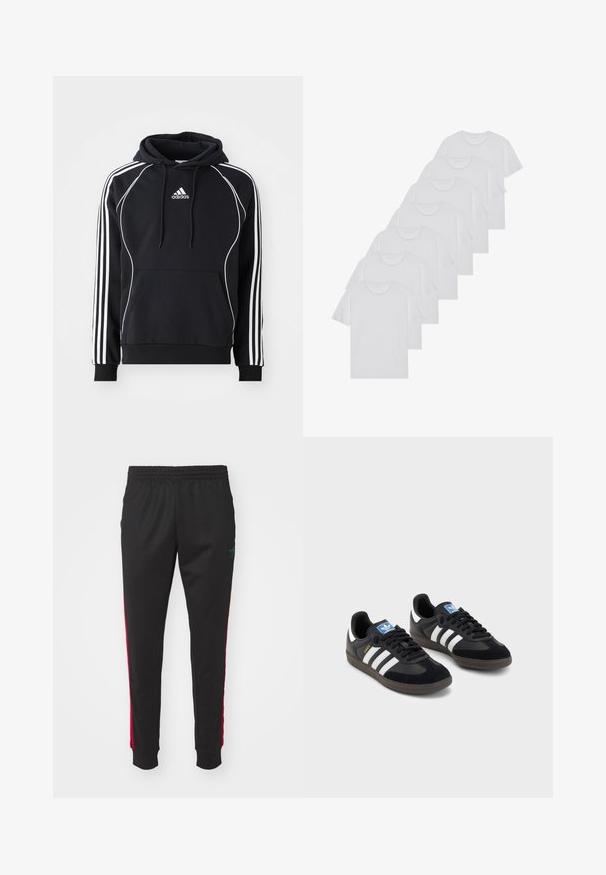 Melnā Adidas kapuce ar baltām svītrām uz piedurknēm, baltu apdari priekšpusē, priekšējo kangaroo kabatu un regulējamu kapuci.; Baltie kokvilnas T-krekli, īsas piedurknes, apaļas izgriezuma dizains, vienkārša tekstūra, sakrauti rindā, ar smalku zīmolu pie kakla izgriezuma.; Melnas sporta bikses ar regulējamu jostasvietu, ar sarkaniem sānu svītrām un zaļu logotipa akcentu. Kājas sašaurinās uz potītes ar elastīgu aproci.; Melnas sporta apavas ar zamšādas un sintētisku augšdaļu, ar trim baltām svītrām, teksturētu gumijas zoli un zilu logo birku uz mēles.