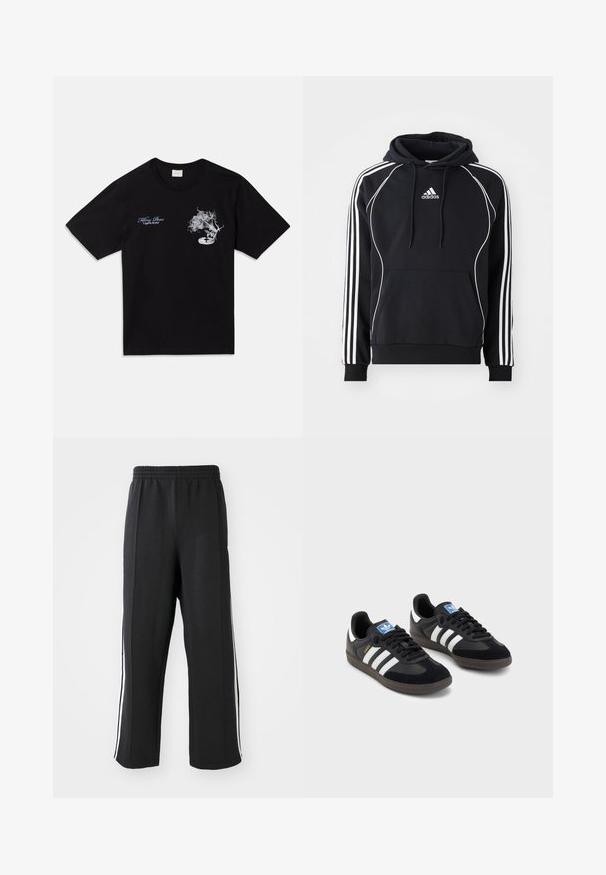 Musthave musta Adidas kapuutsiga, millel on valged triibud varrukatel, valge ääris ees, eesmine tasku ja reguleeritav kapuuts.; Must must t-särk lühikeste varrukatega. Omab valget graafikat lille ja plaadimängijaga, ning sinist teksti "Killing Bees" ja "United By Rhythm."; Mustad mustad püksid elastse vöökoha ning valgete küljeribadega, lõdva istuvusega. Valmistatud pehmest ja venivast kangast.; Mustad tossud, mille pealseks on seemisnahk ja sünteetilised materjalid, kolme valge triibuga, tekstureeritud kummitald ja sinine logo silt keele peal.