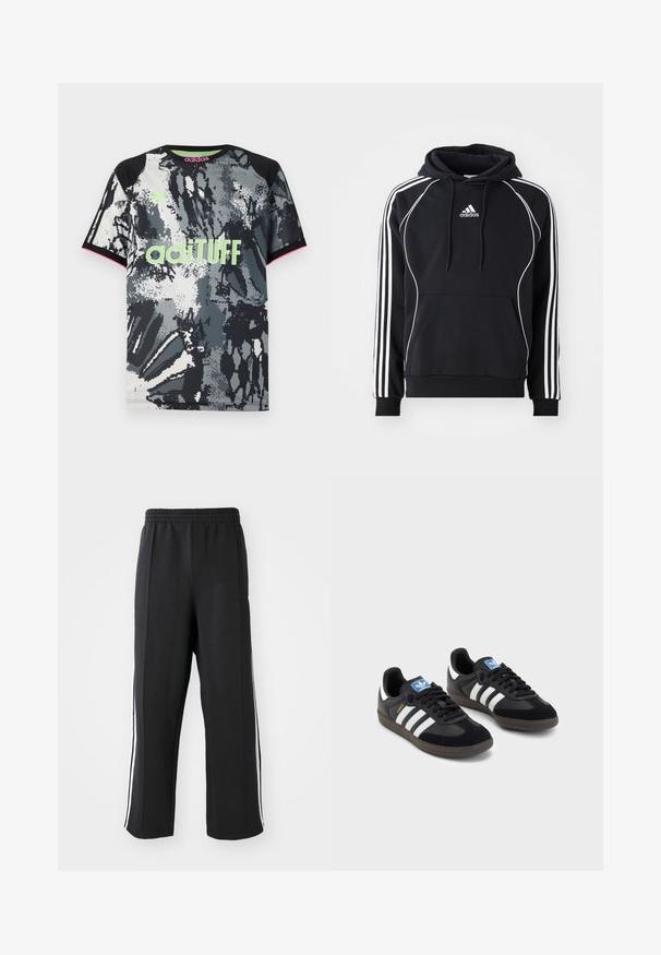 Čierna mikina Adidas s bielymi pruhmi na rukávoch, bielym lemovaním vpredu, prednou klokankou a kapucňou so šnúrkou.; Tričko s krátkym rukávom a okrúhlym výstrihom so športovým strihom, s čiernym, bielym a šedým abstraktným potlačou; obsahuje neónovo zelené logo "adiTUFF" a ružové akcenty.; Čierne teplákové nohavice s elastickým pásom, s bielymi bočnými pruhmi a voľným strihom. Vyrobené z mäkkej, elastickej tkaniny.; Čierne tenisky so zvrškom z semišu a syntetického materiálu, s tromi bielymi pruhmi, štruktúrovanou gumovou podrážkou a modrou logovou etiketou na jazyku.