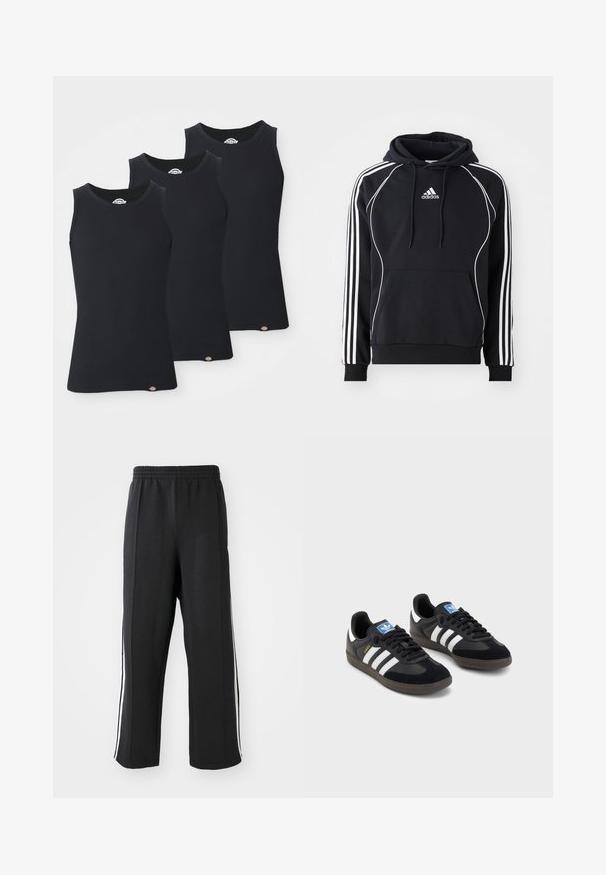 Črna Adidas kapuca z belimi črtami na rokavih, belim pasom spredaj, sprednjim žepom v obliki kenguruja in kapuco z vrvico.; Črne rebraste majice brez rokavov v pakiranju po tri. Imajo okroglo izrezovanje in brezrokavni dizajn ter majhno logo na robu. Mehka tekstura.; Črne trenirke z elastičnim pasom, z belimi stranskimi črtami in sproščenim krojem. Narejene iz mehke, raztegljive tkanine.; Črne športne copate z zgornjim delom iz semiša in sintetičnih materialov, ki imajo tri bele črte, teksturiran gumijast podplat in modro označevalno oznako na jeziku.
