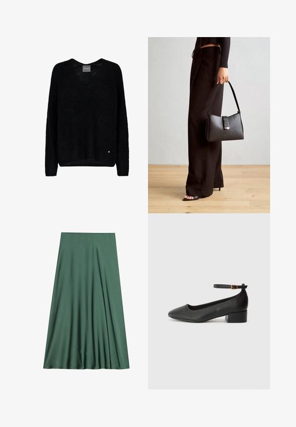 Juodas, megztinis su V formos iškirpte ir ilgomis rankovėmis. Turi laisvą siluetą ir mažą metalinį logotipą apatinėje kairėje pusėje.; Žalia midi ilgio sijonas, pagamintas iš sklandžios, lengvos medžiagos. Patogus dizainas su klostėmis, be matomų užsegimų ar raštų.; Juodas odinis aukštakulnis batelis su smailiu pirštu ir žemu bloku. Su kulkšnies dirželiu su auksinės spalvos sagtimi. Lygus paviršius.; Juodas rankinė struktūrizuota forma, lygi tekstūra ir metalinis užsegimas. Suporuota su plačiomis juodomis kelnėmis ir atvirais bateliais ant medinių grindų.