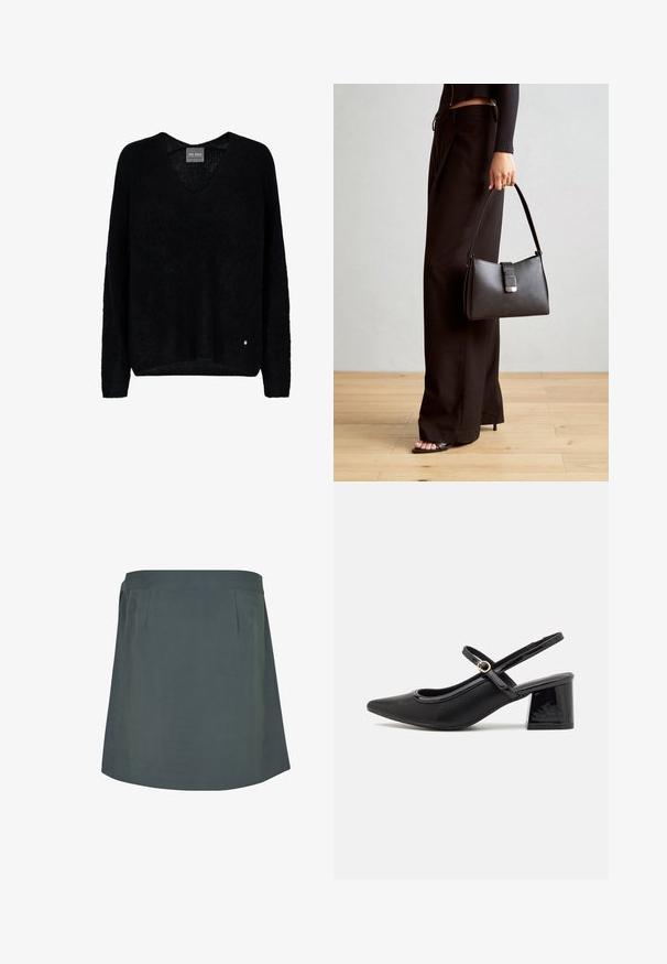Črn, pleten pulover z V-izrezom in dolgimi rokavi. Ima sproščen kroj in majhen kovinski logotip na spodnjem levem robu.; Temno zelena krila do kolen z gladko teksturo, ki ima raven pas in diskretne nabore spredaj. Preprost, funkcionalen dizajn.; Črne patentne usnjene salonarce s slingback obliko, s koničastim nosom, zaobljenim izrezom in blok peto. Imajo zlato kovinsko zaponko kot dodatno okrasje.; Črna torbica z strukturirano obliko, gladko teksturo in kovinskim zaponko. Ujemajo se z širokimi črnimi hlačami in odprtimi sandali na lesenem tleh.
