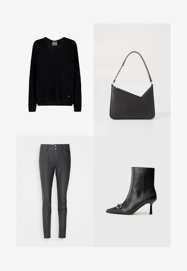 Zwarte, gebreide trui met een V-hals en lange mouwen. Beschikt over een relaxte pasvorm en een klein metallic logo-accent aan de onderkant links.; Zwarte broek met een slim fit, gemaakt van glad materiaal. Bevat een sluiting met twee knopen bij de taille en een platte voorkant.; Zwarte leren enkelboot met spitse neus, slanke middenhoge hak en zilveren gespdetail aan de zijkant op een effen achtergrond.; Zwart leren handtas met een driehoekige vorm, een slanke strap en zilveren hardware. Voorzien van een ritssluiting en een reliëflogo op de voorkant.