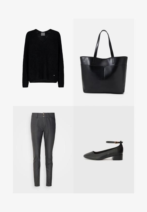 Svart, stickad tröja med V-ringning och långa ärmar. Har en avslappnad passform och en liten metallic logotypaccent på nedersta vänstra sidan.; Svarta byxor med slim fit, tillverkade av ett slätt material. Har två knappstängningar vid midjan och en platt frontdesign.; Svart läderpump med spetsig tå och en låg klack. Har en ankelsnodd med en guldtonad spänne. Slät textur.; Svart läder tote-väska med två långa handtag, en slät yta och en strukturerad form. Har en framficka för extra förvaring.