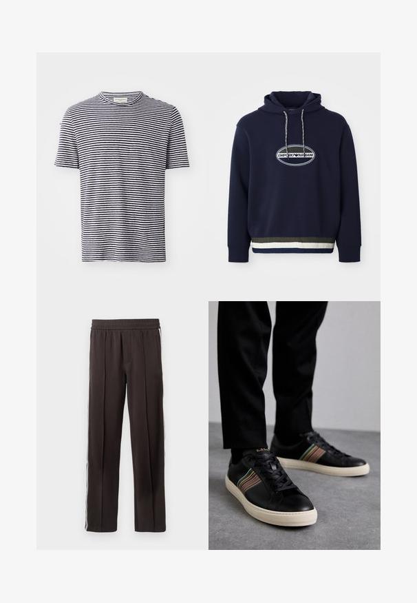 Námořnická modrá mikina s kapucí a vyšitým logem na oválné nášivce. Disponuje stahovací kapucí a texturovaným žebrovaným lemem s kontrastními pruhy.; Pánské tričko s krátkým rukávem z bavlny, s kulatým výstřihem, s horizontálními pruhy v námořnické modré a bílé barvě, které se střídají. Jednoduchý, ležérní design.; Černé sportovní kalhoty vyrobené z měkké tkaniny, s elastickým pasem, dvěma postranními kapsami a bílými bočními pruhy. Klasický rovný střih nohavic.; Černé kožené tenisky s barevnými pruhovanými akcenty, kulatou špičkou a bílou gumovou podrážkou, s designem na šněrování a embosovaným brandingem.
