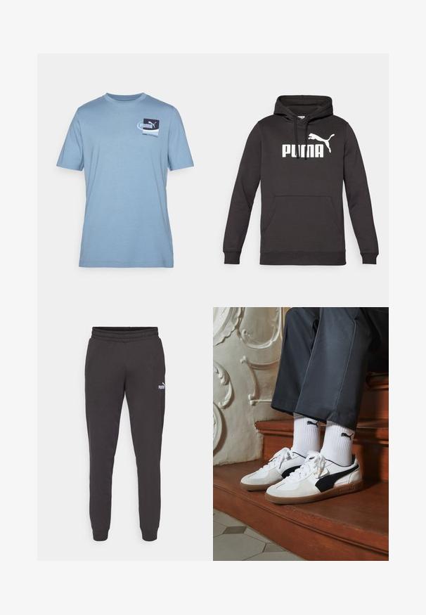 Sort hættet sweatshirt med en frontkangaroo-lomme, der har et fremtrædende hvidt "PUMA" logo og en hvid puma-silhuet. Blød stoftekstur.; Lyseblå bomulds t-shirt med korte ærmer, med et firkantet logo design i mørkeblå og hvid på venstre side af brystet.; Mørkegrå sweatpants med elastisk talje, tapered ben og et lille hvidt Puma-logo på venstre lår. Blødt bomuldsblandingsmateriale.; Puma sneakers i hvid og sort ruskind med en brun gummisål. Bæres med hvide sokker med et sort logo og mørke bukser.