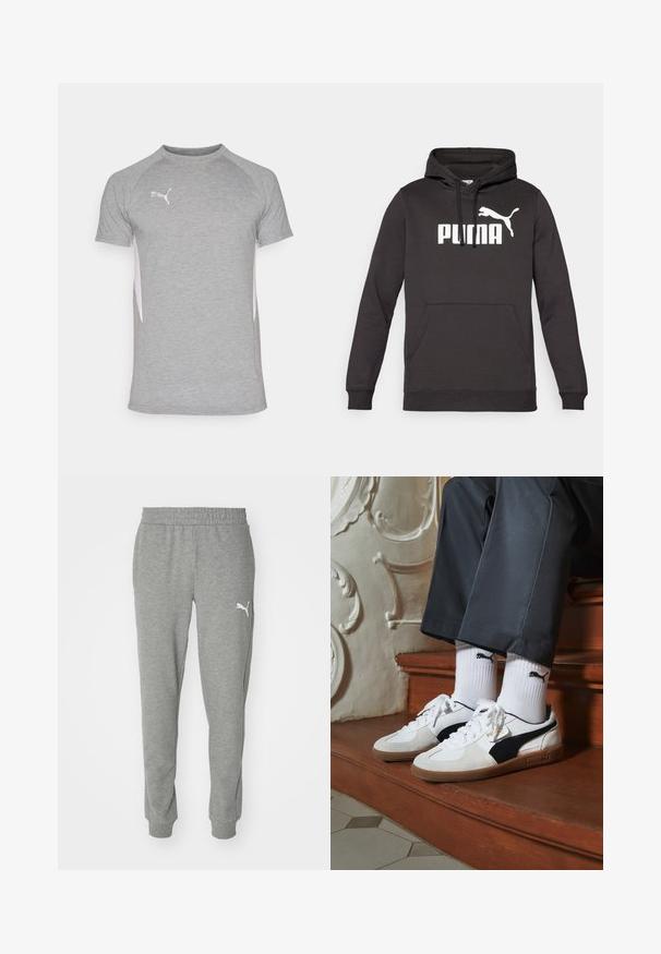 Schwarzer Kapuzenpullover mit einer vorderen Kängurutasche, der ein markantes weißes "PUMA"-Logo und eine weiße Puma-Silhouette zeigt. Weicher Stoff.; Graues Sport-T-Shirt mit kurzen Ärmeln, mit Rundhalsausschnitt und weißen Seiteneinsätzen. Logo auf der oberen linken Brust.; Graue Sweatpants aus weichem Stoff, mit einem elastischen Bund, schmal zulaufenden Beinen und einem weißen Logo auf dem linken Oberschenkel.; Puma-Sneaker aus weißem und schwarzem Wildleder mit einer braunen Gummisohle. Kombiniert mit weißen Socken, die ein schwarzes Logo zeigen, getragen zu dunklen Hosen.