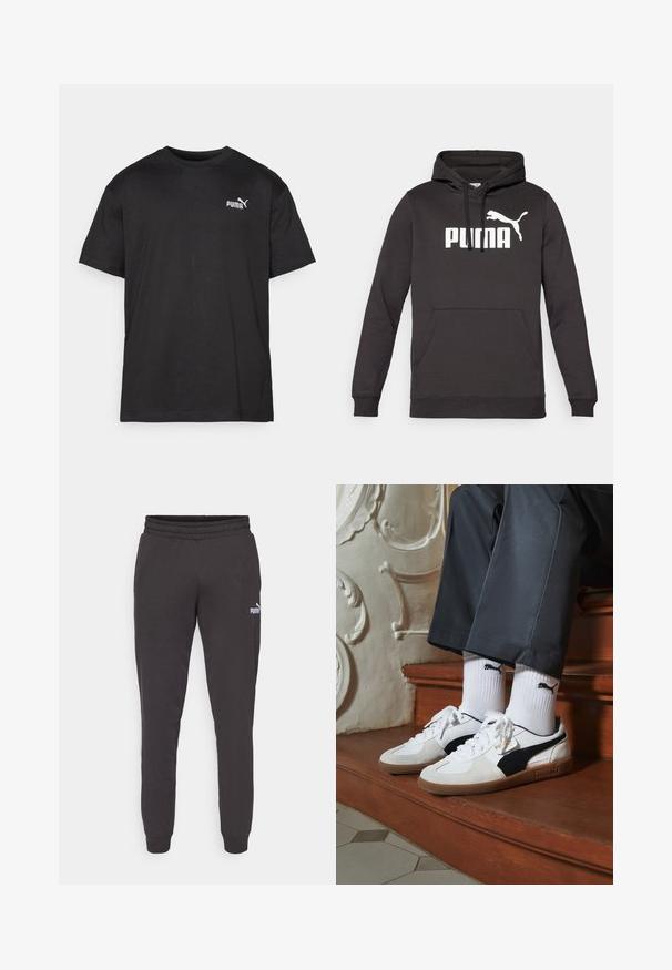 Schwarzer Kapuzenpullover mit einer vorderen Kängurutasche, der ein markantes weißes "PUMA"-Logo und eine weiße Puma-Silhouette zeigt. Weicher Stoff.; Schwarzes Baumwoll-T-Shirt, kurze Ärmel, Rundhals, mit weißem Puma-Logo auf der linken Brust, gerader Saum, glatte Textur.; Dunkelgraue Sweatpants mit einem elastischen Bund, schmal zulaufenden Beinen und einem kleinen weißen Puma-Logo am linken Oberschenkel. Weiches Material aus Baumwollmischung.; Puma-Sneaker aus weißem und schwarzem Wildleder mit einer braunen Gummisohle. Kombiniert mit weißen Socken, die ein schwarzes Logo zeigen, getragen zu dunklen Hosen.