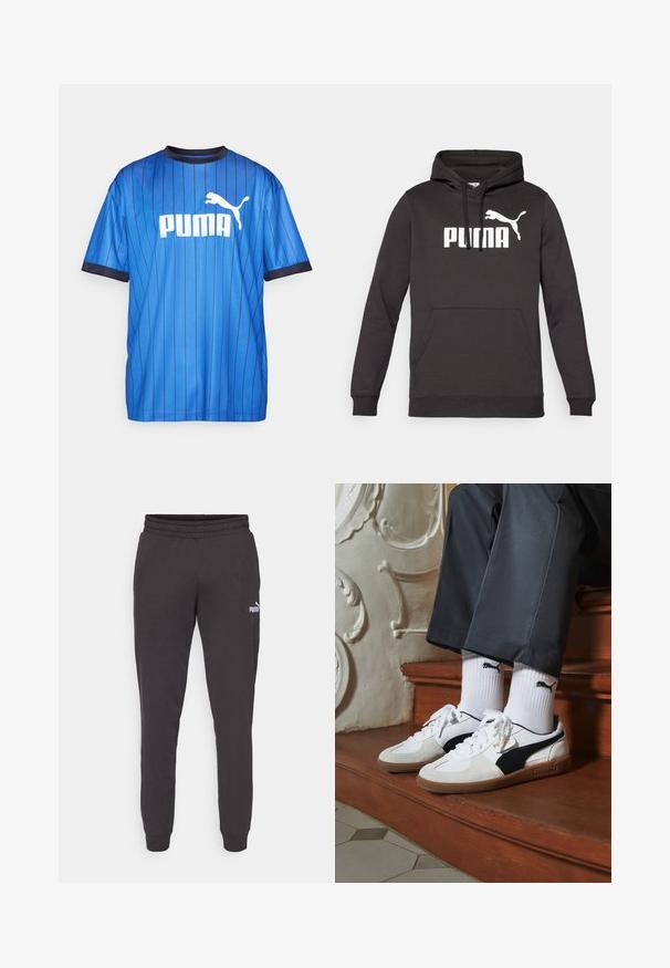Sudadera con capucha negra, con un bolsillo canguro frontal, que presenta un destacado logo blanco de "PUMA" y una silueta blanca de puma. Textura de tela suave.; Camiseta deportiva a rayas azules hecha de tela transpirable, con cuello redondo y mangas cortas. En la parte frontal se muestra el logo blanco de Puma.; Pantalones de chándal gris oscuro con una cintura elástica, piernas ajustadas y un pequeño logo blanco de Puma en el muslo izquierdo. Material suave de mezcla de algodón.; Zapatillas Puma en gamuza blanca y negra, con una suela de goma marrón. Combinadas con calcetines blancos que muestran un logo negro, llevados con pantalones oscuros.