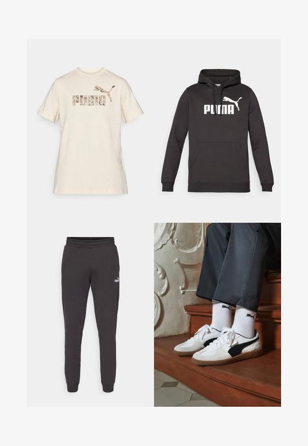 Sort hættet sweatshirt med en frontkangaroo-lomme, der har et fremtrædende hvidt "PUMA" logo og en hvid puma-silhuet. Blød stoftekstur.; Cremefarvet bomulds T-shirt med korte ærmer og rund hals. Udstyret med et camouflage-mønster logo "PUMA" og et springende puma emblem trykt i dæmpede farver.; Mørkegrå sweatpants med elastisk talje, tapered ben og et lille hvidt Puma-logo på venstre lår. Blødt bomuldsblandingsmateriale.; Puma sneakers i hvid og sort ruskind med en brun gummisål. Bæres med hvide sokker med et sort logo og mørke bukser.