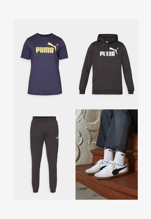 Sudadera con capucha negra, con un bolsillo canguro frontal, que presenta un destacado logo blanco de "PUMA" y una silueta blanca de puma. Textura de tela suave.; Camiseta de algodón azul marino con un gran logo amarillo de "PUMA" y un gráfico de un puma saltando en la parte superior izquierda. Manga corta, cuello redondo.; Pantalones de chándal gris oscuro con una cintura elástica, piernas ajustadas y un pequeño logo blanco de Puma en el muslo izquierdo. Material suave de mezcla de algodón.; Zapatillas Puma en gamuza blanca y negra, con una suela de goma marrón. Combinadas con calcetines blancos que muestran un logo negro, llevados con pantalones oscuros.