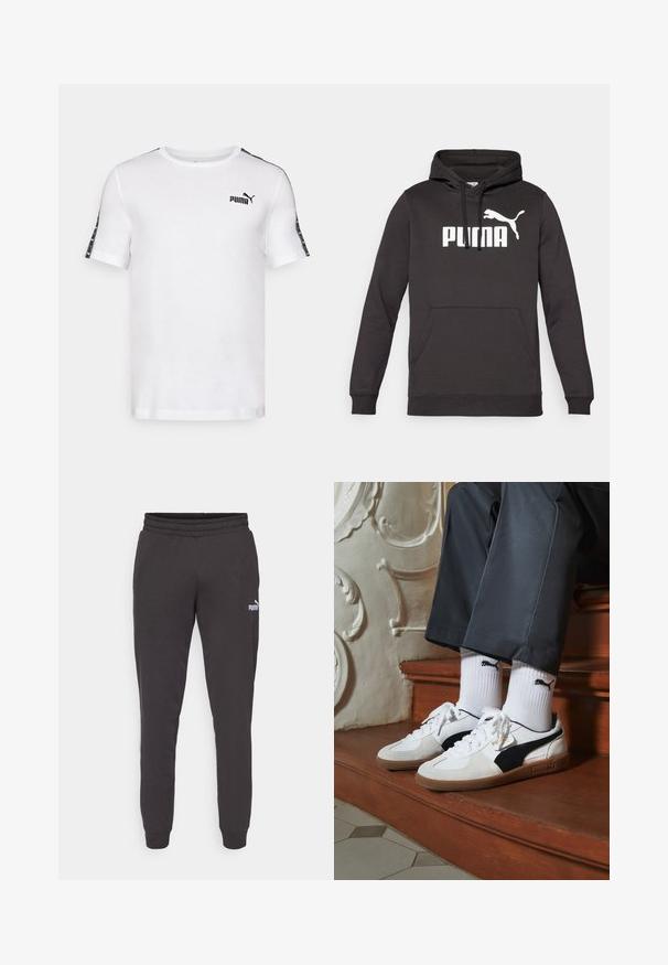Sudadera con capucha negra, con un bolsillo canguro frontal, que presenta un destacado logo blanco de "PUMA" y una silueta blanca de puma. Textura de tela suave.; Camiseta de manga corta blanca con el logo negro de Puma en el pecho y detalles negros estampados en los hombros. Material de algodón, corte estándar.; Pantalones de chándal gris oscuro con una cintura elástica, piernas ajustadas y un pequeño logo blanco de Puma en el muslo izquierdo. Material suave de mezcla de algodón.; Zapatillas Puma en gamuza blanca y negra, con una suela de goma marrón. Combinadas con calcetines blancos que muestran un logo negro, llevados con pantalones oscuros.