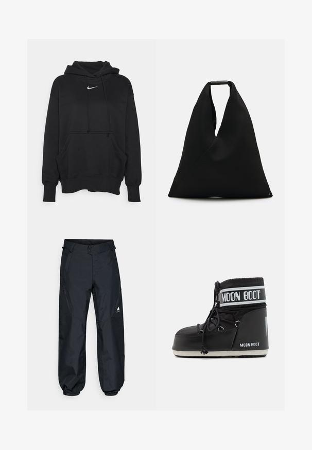 Must musternärvi, mis on valmistatud pehmest kangast, eese kangroo tasku, soonikkoes mansetid ja väike valge Nike logo rinna peal.; Mustad veepidavad püksid siledast tekstuurist, elastsete mansettidega, lukuga külgtaskutega ja mägi logo alumisel jalal.; Must musta moonboot, millel on pehmendatud ülaserv, mis on kinnitatud paeltega ja millel on iseloomulik valge riba, millel on logo. Paks, tekstureeritud kummitald.; Must mustre tote-kott, millel on ainulaadne V-kujuline disain ja sile tekstuur. Varustatud lühikese käepidemega, kus on minimalismiga varustatud riistvara detail.