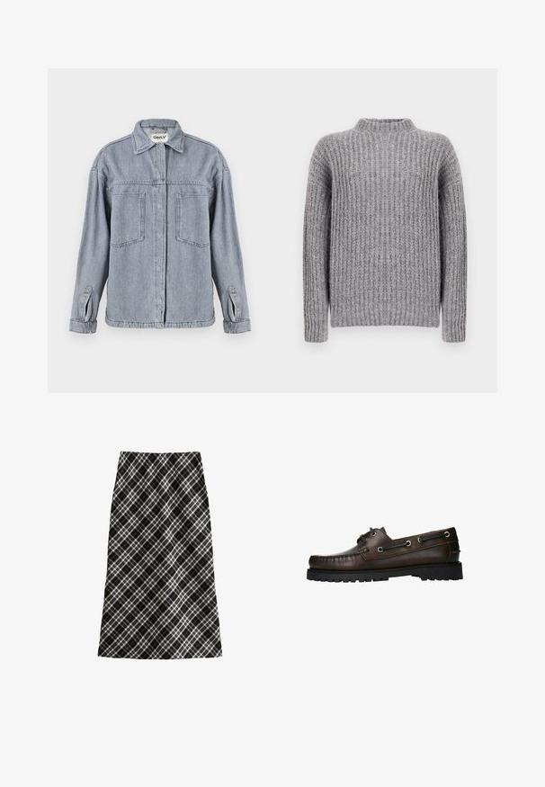 Gray knitted sweater with a high neck, featuring vertical ribbed texture and long sleeves, soft finish, and slightly wider body shape.; Denim jacket in light gray with a collared neckline, front zip closure, two chest pockets, and roll-up sleeves. Distressed texture evident.; Black and white plaid skirt, mid-length, A-line silhouette, textured fabric, featuring crisscross lines and geometric patterns throughout.; Brown leather boat shoe with moccasin-style stitching, metal eyelets, and a textured black rubber sole.
