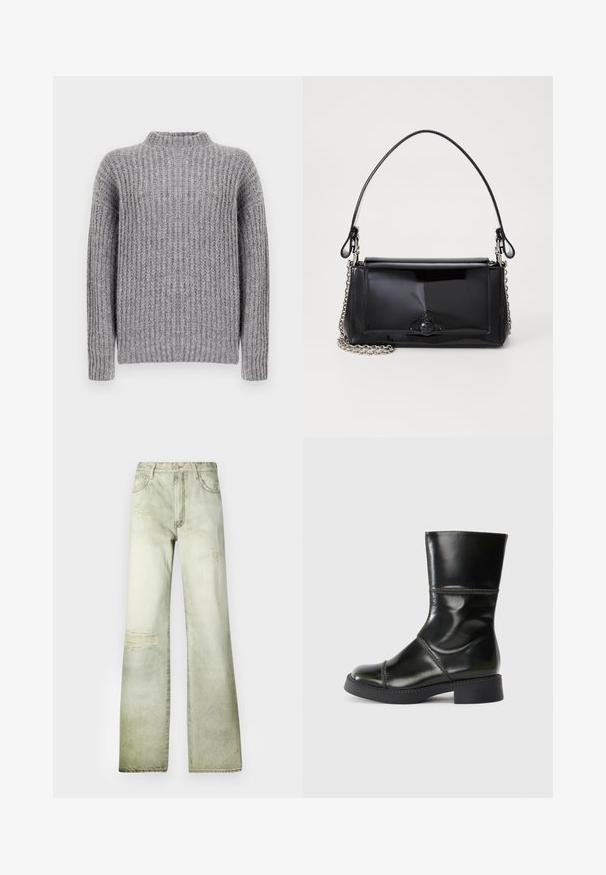 Harmaa neulotut neulepusero, jossa on korkea kaulus, pystysuora ribbitekstuuri ja pitkät hihat, pehmeä pinta ja hieman leveämpi vartalon muoto.; Vihreät kuluneet farkut, joissa on korkea vyötärö, leveät lahkeet ja kulutuspinnat. Varustettu napituksella ja viidellä taskulla.; Musta nahkainen nilkkuri, jossa on pyöristetty kärki, sileä pinta, erottuva tikkaus ja lohkoalusta, jonka siluetti on hieman kapeneva.; Musta lakattu nahkalaukku suorakaiteen muotoisena, ketjuhihnalla ja erottuvalla varustusesineellä keskellä. Siveltimellinen pinta.