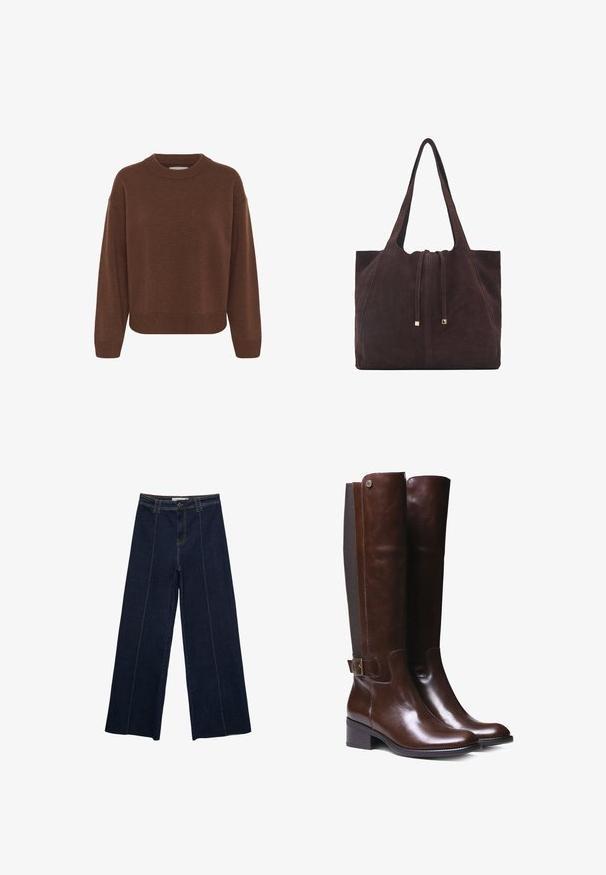 Brązowy sweter z dzianiny, z okrągłym dekoltem, opadającymi ramionami, prążkowanymi mankietami i prostym wykończeniem. Miękka tekstura o średniej grubości.; Szerokie spodnie z ciemnego denimu z kontrastowym przeszyciem, wysoki stan i prosty krój. Posiadają kieszenie z przodu oraz klasyczne zapięcie na guzik.; Brązowe skórzane botki sięgające za kolano o gładkim wykończeniu, kontrastującym panelu z materiału, z detalem klamry w okolicy kostki oraz niskim blokowym obcasem.; Mango - Torba na zakupy