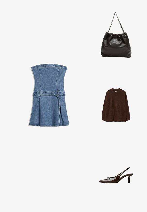 Rjav, prevelik pulover s okroglim ovratnikom, izdelan iz mehkega, teksturiranega blaga. Ima dolge rokave in sproščen kroj.; Denim obleka s strukturiranim korzetom, modre barve, razširjenim krilom in nabranimi detajli. Ima nastavljiv pas in zadrgo.; Rjave lakirane slingback čevlje z oglatim nosom, nizko peto in dekorativno pentljo na sprednji strani. Gladka, sijoča tekstura.; Rjava usnjena torba z nabranim vrhom in verižnim trakom. Gladka tekstura z sijajno površino in subtilnimi šivi na straneh.