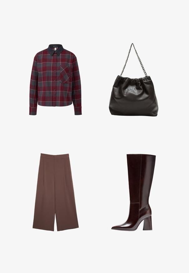 Hnedý, nadmerný sveter s okrúhlym výstrihom, vyrobený z mäkkého, štruktúrovaného materiálu. Má dlhé rukávy a voľný strih.; Košela s gombíkmi s kockovaným vzorom v červenej, sivej a bielej farbe. Vyrobená z bavlny, s kordovým golierom a náprsníkou. Dlhé rukávy.; Hnedé nohavice so širokými nohavicami a hladkou textúrou, s vysokým pásom a prednými skladmi. Tkanina je ľahká a voľne sa pohybuje.; Hnedá kožená čižma do kolien s špicatou špičkou a textúrovaným blokovým podpätkom. Má čisté línie a minimálne prešívanie.; Hnedá kožená taška so zberaným vrchom a reťazovým popruhom. Hladký povrch s lesklým finišom a jemným švom po stranách.