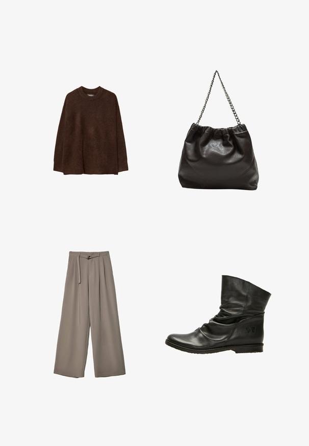 Brązowy, oversize sweter z okrągłym dekoltem, wykonany z miękkiego, strukturalnego materiału. Posiada długie rękawy oraz luźny krój.; Spodnie o szerokich nogawkach w miękkim, stonowanym szarym materiale, z paskiem w talii i plisami dla dodania detali projektowych. Gładka tekstura, bez wzorów.; Czarne skórzane botki za kostkę o luźnym kroju, z okrągłym noskiem i płaską podeszwą. Posiadają subtelne logo motyla po boku. Gładka tekstura.; Brązowa skórzana torba z marszczonym szczytem i łańcuszkowym paskiem. Gładka tekstura z błyszczącym wykończeniem i subtelnymi detalami szwów po bokach.