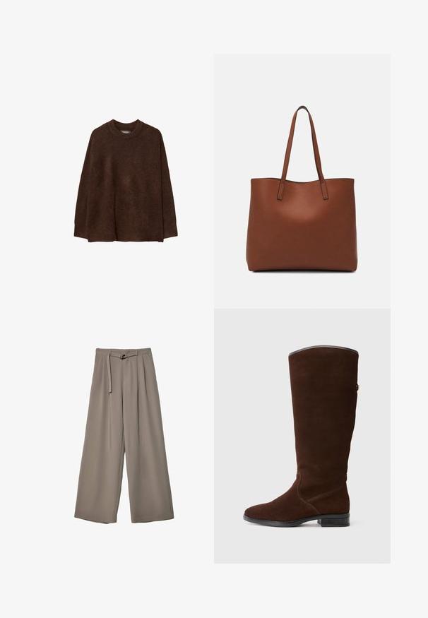 Bruine, oversized trui met een ronde hals, gemaakt van zachte, gestructureerde stof. Heeft lange mouwen en een relaxte pasvorm.; Wijd nietenbroeken van een zachte, gedempte grijze stof, met een ceintuur in de taille en plooien voor extra ontwerpelementen. Gladde textuur, geen patronen.; Bruine suède laarzen tot de knie met een ronde neus, subtiele stiksels en een lage blokhak. Glad materiaal aan de bovenrand.; Bruine leren tote bag met een gladde textuur, een ontwerp met een open bovenkant en twee schouderbanden. Kenmerkt zich door minimale stiksels en geen zichtbare hardware.