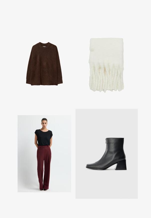 Brown, oversized sweater with a round neck, made from soft, textured fabric. Features long sleeves and a relaxed fit.; Black short-sleeve T-shirt paired with high-waisted, tailored burgundy trousers. The fabric appears smooth, with a relaxed fit and clean lines.; Black leather ankle boot with square toe, side zipper, and block heel against plain light background.; White wool scarf with fringe detail at the bottom, featuring a circular button on one side. Soft texture, rectangular shape.; Black leather tote bag with smooth texture, structured shape, two handles, and a prominent silver buckle detail on the front.