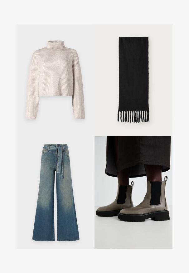 Maglione a costine color crema con design cropped e colletto alto, maniche lunghe. Texture morbida, tessuto leggero e dettagli minimi.; Pantaloni in denim a gamba larga con una sfumatura che va dal blu chiaro al blu scuro, vita alta, passanti per cintura e una cintura in tessuto coordinato. Finitura in denim strutturato.; Stivaletti grigi alla caviglia realizzati in pelle testurizzata con pannelli laterali elastici e una suola nera spessa. Presentano dei tiranti per una facile calzata.; Sciarpa nera realizzata in tessuto morbido con una texture liscia, caratterizzata da estremità con frange annodate e forma rettangolare.