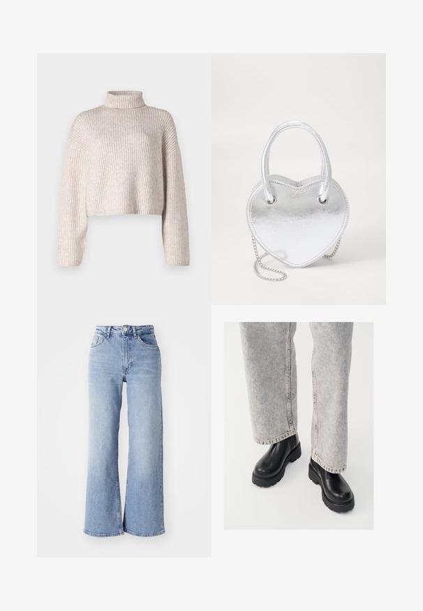 Kerman ribbed knit sweateri, jossa on korkea kaulus, lyhennetty malli ja pitkät hihat. Pehmeä rakenne, kevyt kangas ja minimaalinen yksityiskohtaisuus.; Vaaleansiniset korkeavyötäröiset leveälahkeiset farkut, joissa on etu- ja takataskut, nappikiinnitys ja hillitty haalistuminen reisissä ja helmassa.; Vagabond COSMO - Platform-nilkkurit - black; Hopeakimmeltä sydämenmuotoinen käsilaukku, jossa on kaksinkertaiset kahvat, ketjuhihna ja sileä pinta. Varustettu metalliosilla ja ommelluilla reunoilla.